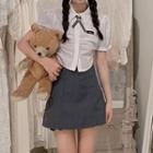 Short-sleeve Shirred Bow Shirt / A-line Skirt / Set