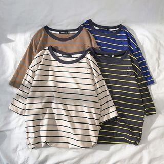 Couple Matching Elbow-sleeve Striped Ripped T-shirt