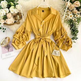 Long-sleeve Asymmetric Buttoned A-line Dress
