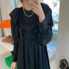 Long-sleeve Ruffled Midi A-line Dress Black - One Size