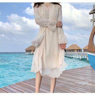 Long-sleeve Ruffle Trim Chiffon Overlay A-line Dress Almond - One Size