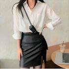 Plain Shirt / Faux Leather Mini Fitted Skirt