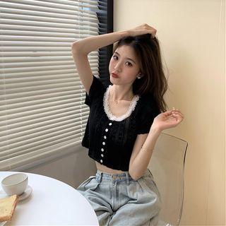 Short-sleeve Lace Trim Pointelle Knit Crop Top
