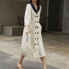 3/4-sleeve Double-breasted Midi A-line Dress