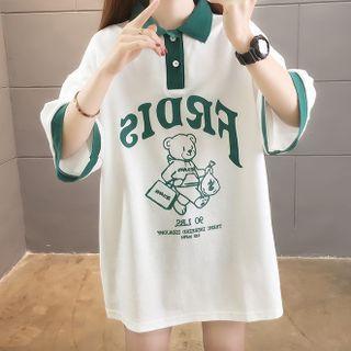 Elbow-sleeve Bear Print Oversized Polo Shirt