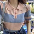 Short-sleeve Striped Ribbed Polo Knit Top