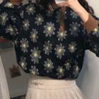 Lapel Flower Printed Knitted Long-sleeve Top As Shown In Figure - One Size