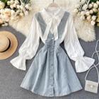 Set: Bell-sleeve Blouse + Denim Jumper Dress