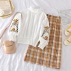 Floral Embroidered Ruffled Blouse / High-waist Plaid Skirt