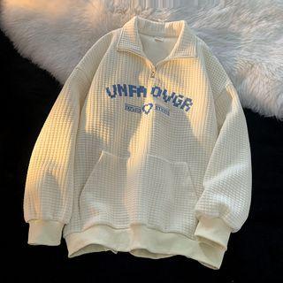Lettering Half-zip Waffle Pattern Sweatshirt