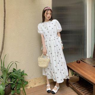 Puff-sleeve Midi A-line Dress / Floral Print Midi A-line Overall Dress