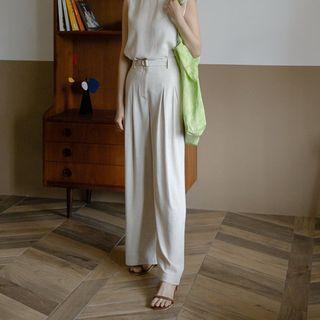 Belted Textured Wide-leg Pants