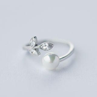 Leaf Rhinestone Faux Pearl Sterling Silver Open Ring Silver - One Size