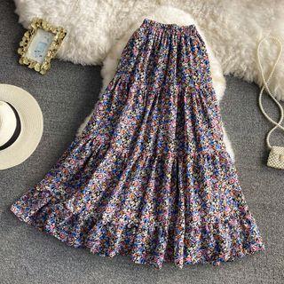 Elastic Waist Floral Print Midi Skirt