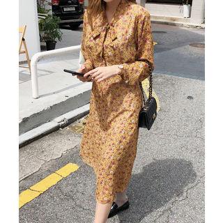 Tie-neck Floral Print Chiffon Dress Yellow - One Size