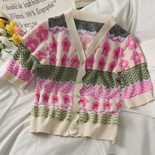 Printed Button-up Crop Knit Top Pink - One Size