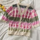 Printed Button-up Crop Knit Top Pink - One Size