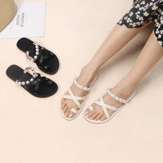 Toe-loop Faux Pearl Studded Slide Sandals