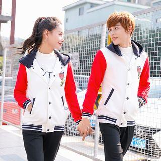 Couple Matching Striped Trim Hooded Baseball Jacket