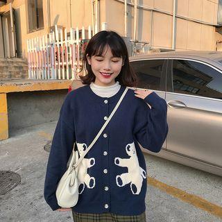 Bear Printed Knit Cardigan Navy Blue - One Size