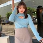 Long-sleeve Mock-turtleneck Plain Cutout T-shirt