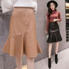 Faux Leather Ruffle Hem Midi A-line Skirt