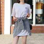 Set: Short-sleeve Embroidered Long T-shirt + Plaid Mini Skirt