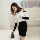 Cutout-sleeve Color-block Knit Dress White - One Size