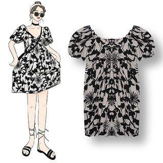 Flower Print Short-sleeve Mini Shift Dress Black & White - One Size
