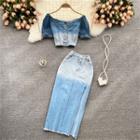 Set: Short-sleeve Button-up Denim Crop Top + Side-slit Midi Pencil Skirt