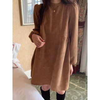 Puff-sleeve Corduroy A-line Dress