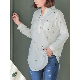 Mandarin-collar Tab-detail Embroidered Shirt