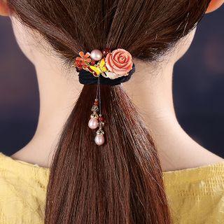 Floral Hair Tie Rose Pink Rose - Black - One Size