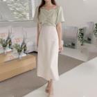 Short-sleeve Shirred Blouse / Midi A-line Skirt