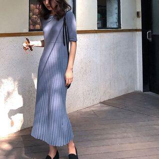 Elbow-sleeve Knit Midi A-line Dress