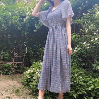 Short-sleeve Shirred Striped Midi A-line Dress