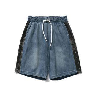 Paisley Print Panel Denim Wide Leg Shorts