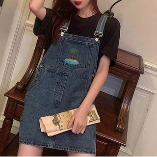 Palm Tree Embroidered Denim Overall Dress