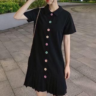 Short-sleeve Pleated Color Buttoned Polo Dress