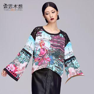 Print Lace Panel Long-sleeve Top