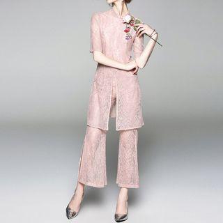 Set : Short-sleeve Embroidered Lace Top + Wide Leg Pants