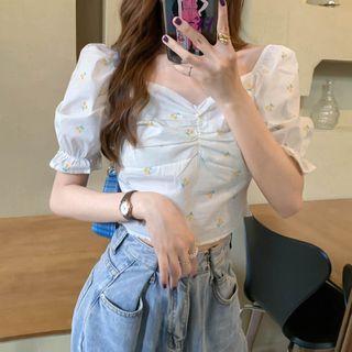 Puff-sleeve Cherry Print Cropped Blouse Cherry Print - White - One Size
