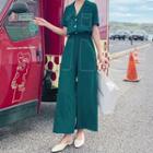Short-sleeve Collared Wide-leg Cropped Jumpsuit
