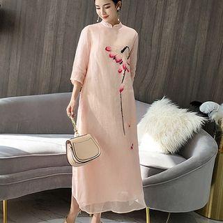Traditional Chinese 3/4-sleeve Floral Embroidery Midi Dress