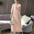 Traditional Chinese 3/4-sleeve Floral Embroidery Midi Dress