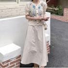 Floral Embroidered Panel Blouse / Midi A-line Skirt / Set