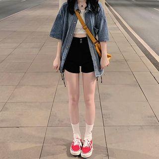 Short-sleeve Denim Shirt / Cropped Camisole Top / High-waist Drawstring Shorts