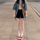Short-sleeve Denim Shirt / Cropped Camisole Top / High-waist Drawstring Shorts