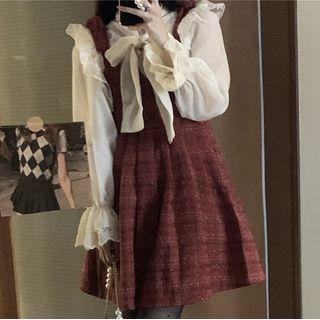 Lace Trim Tie-neck Blouse / Plaid Mini Overall Dress