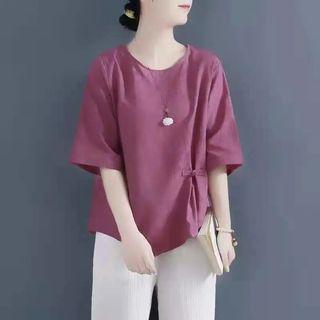 Short-sleeve Frog-buttoned Tunic Shirt